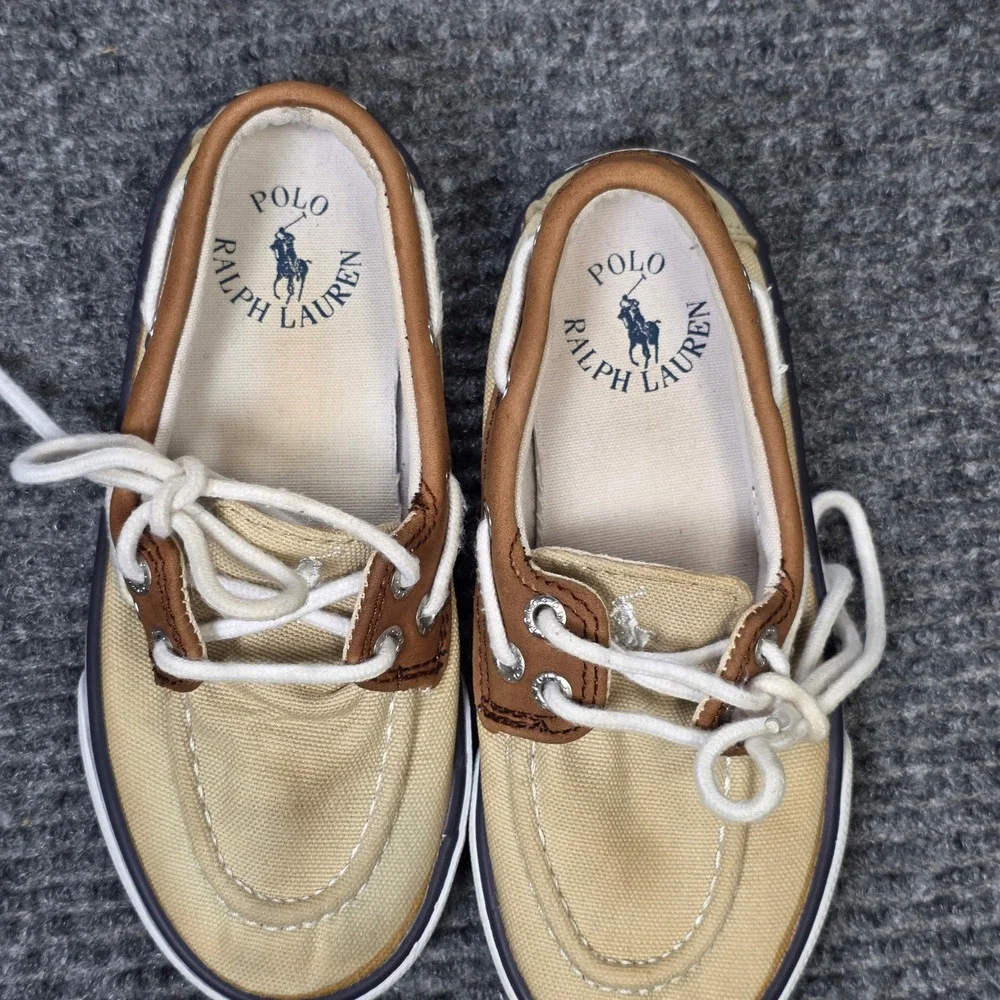 Polo Ralph Lauren Sander Leather Boat Shoes Boy's Size 11 Tan Brown Textile Lace